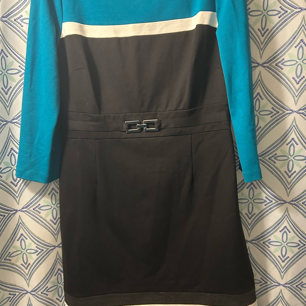 White House Black Market Teal and Black Long Sleeve Dress, lined - Picture 5 of 6